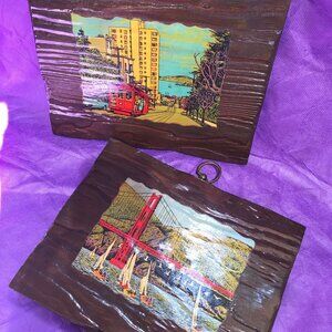 TWO MCM 1950s San Fran Art Cali Street Car San Fran Bridge Decoupage Sailing